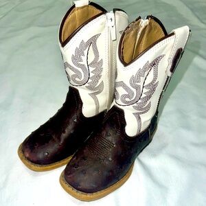 Roper Toddler Chocolate Ostrich Print with White Square Toe Cowboy Boots Size 8